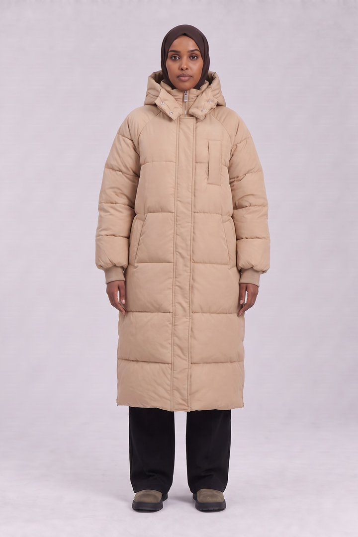 Longline Hooded Puffer Coat - Beige
