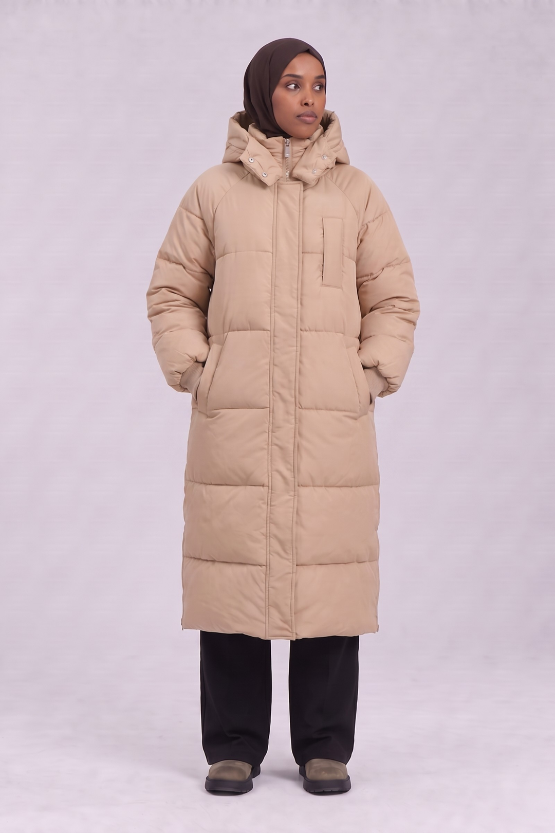 Longline Hooded Puffer Coat - Beige