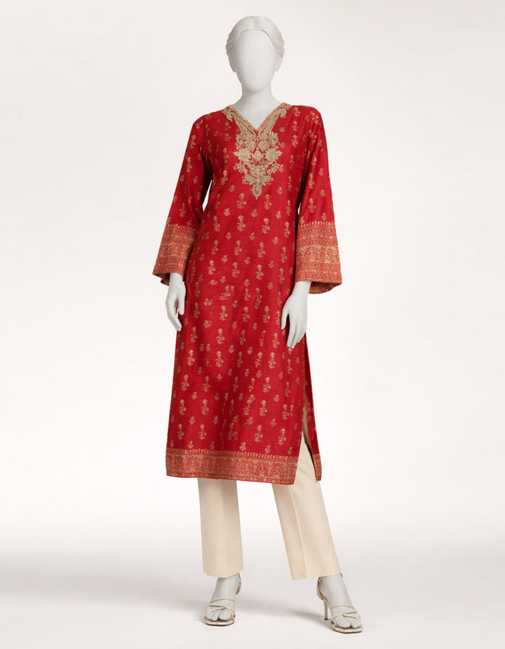 Raw Silk Red Kurti - J. Junaid Jamshed