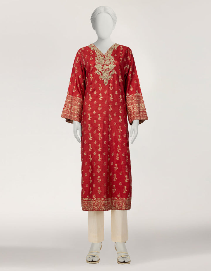 Raw Silk Red Kurti - J. Junaid Jamshed