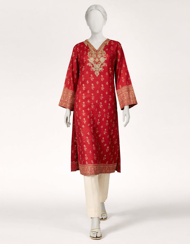 Raw Silk Red Kurti - J. Junaid Jamshed