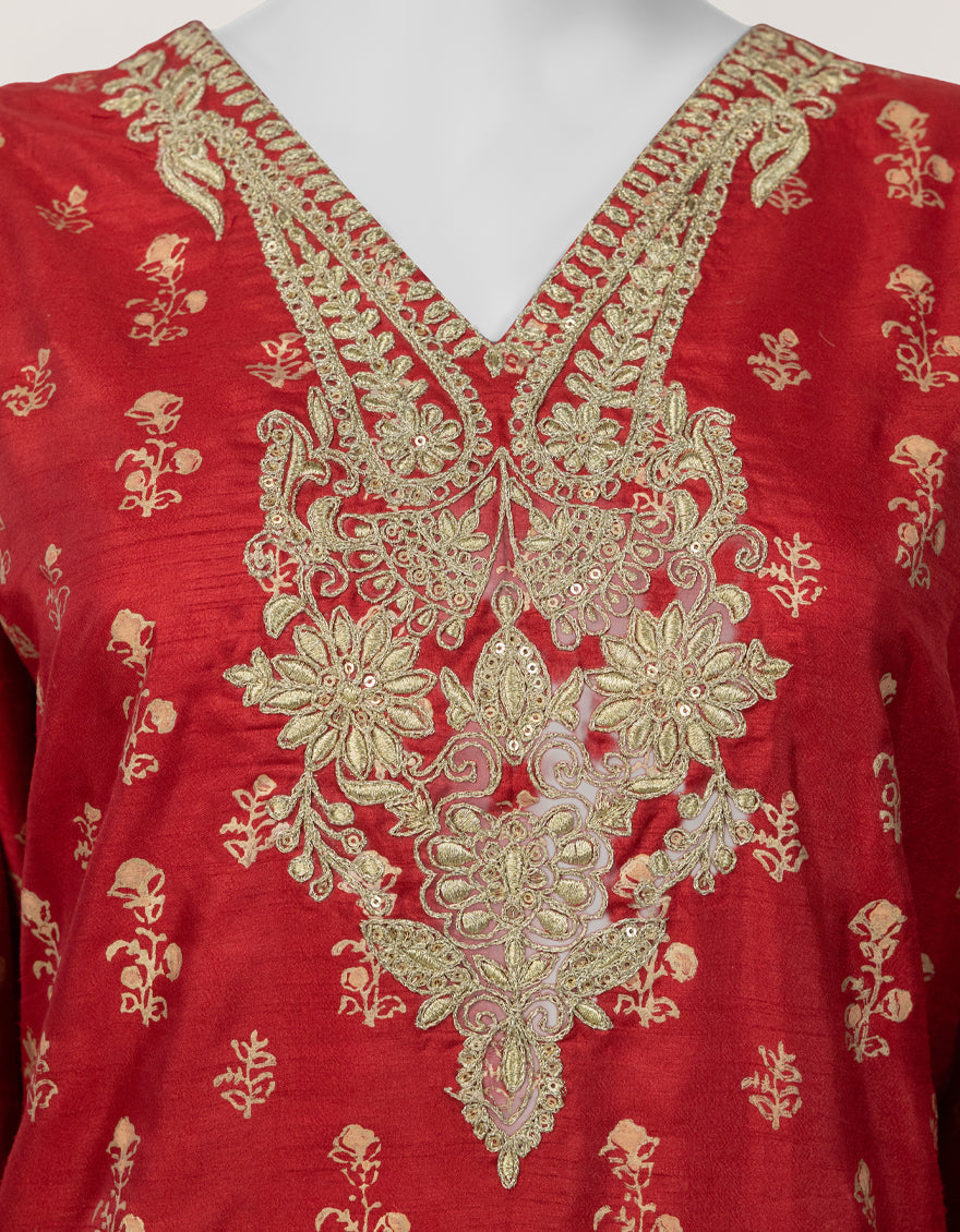 Raw Silk Red Kurti - J. Junaid Jamshed