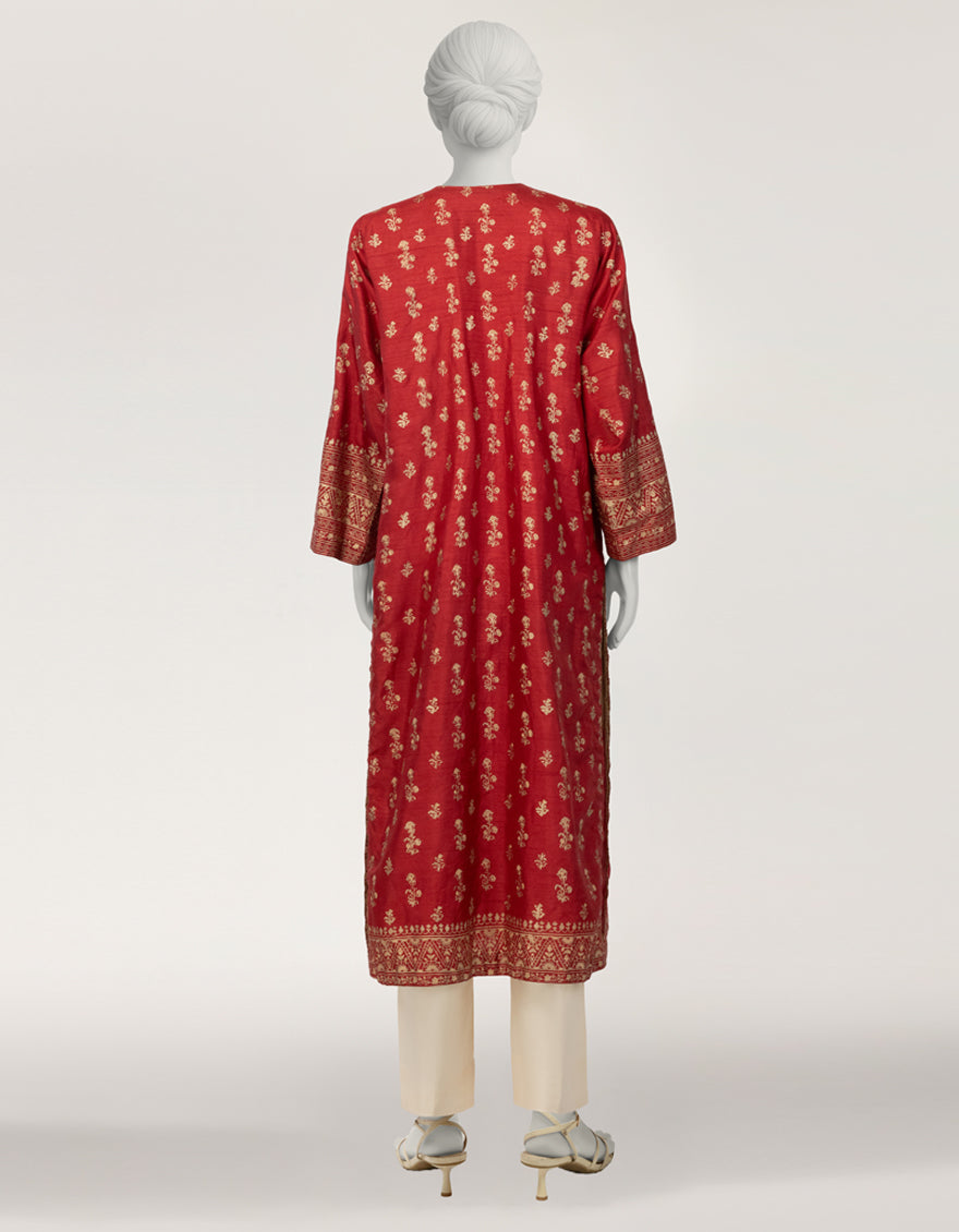 Raw Silk Red Kurti - J. Junaid Jamshed