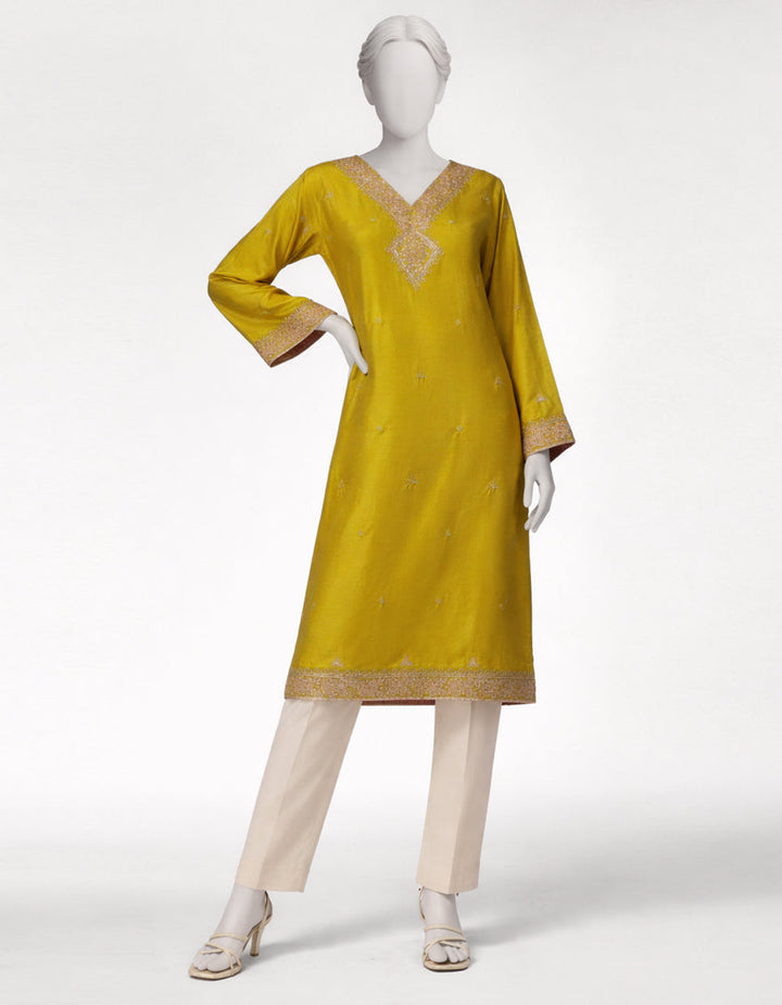 Raw Silk Olive Kurti - J. Junaid Jamshed