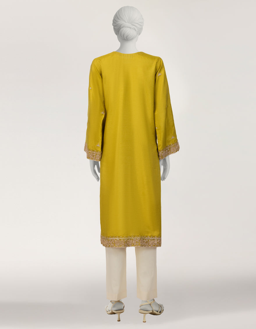 Raw Silk Olive Kurti - J. Junaid Jamshed