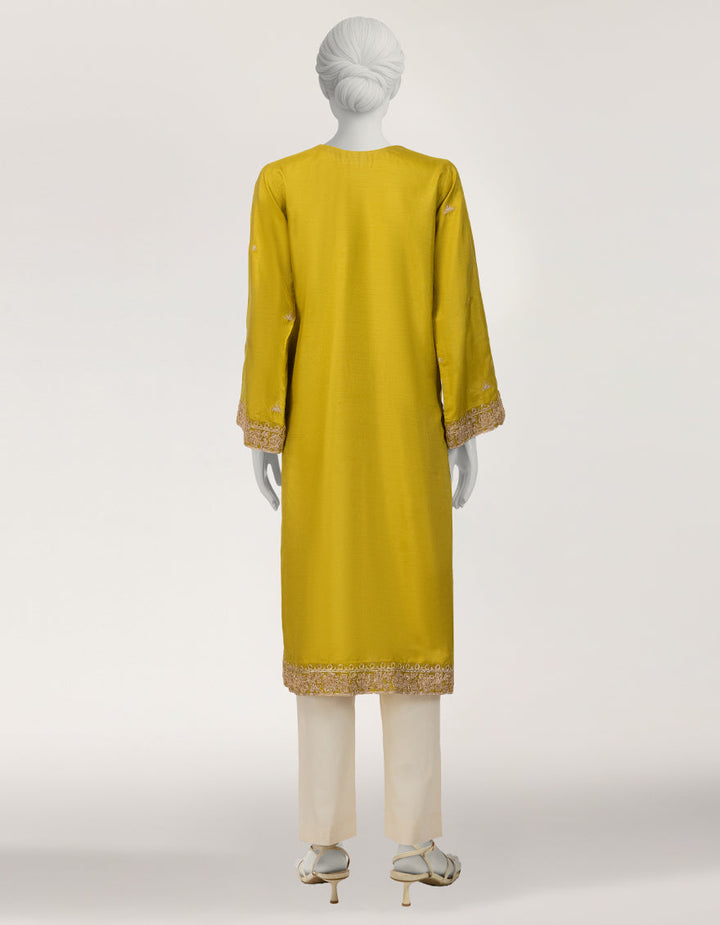 Raw Silk Olive Kurti - J. Junaid Jamshed