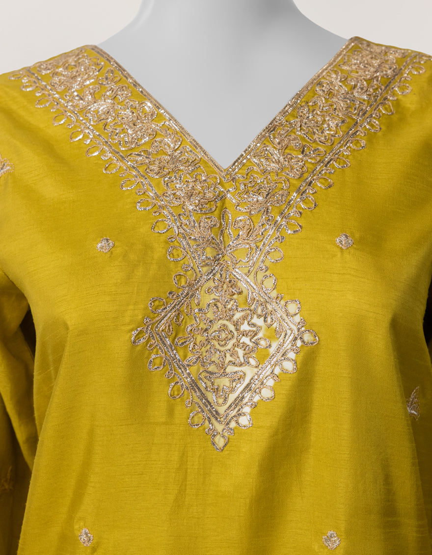 Raw Silk Olive Kurti - J. Junaid Jamshed