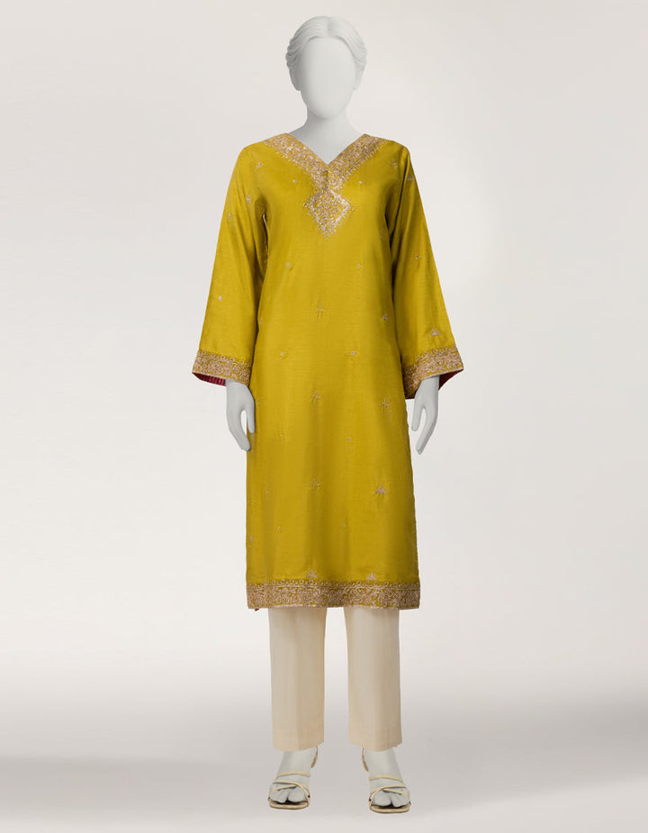 Raw Silk Olive Kurti - J. Junaid Jamshed