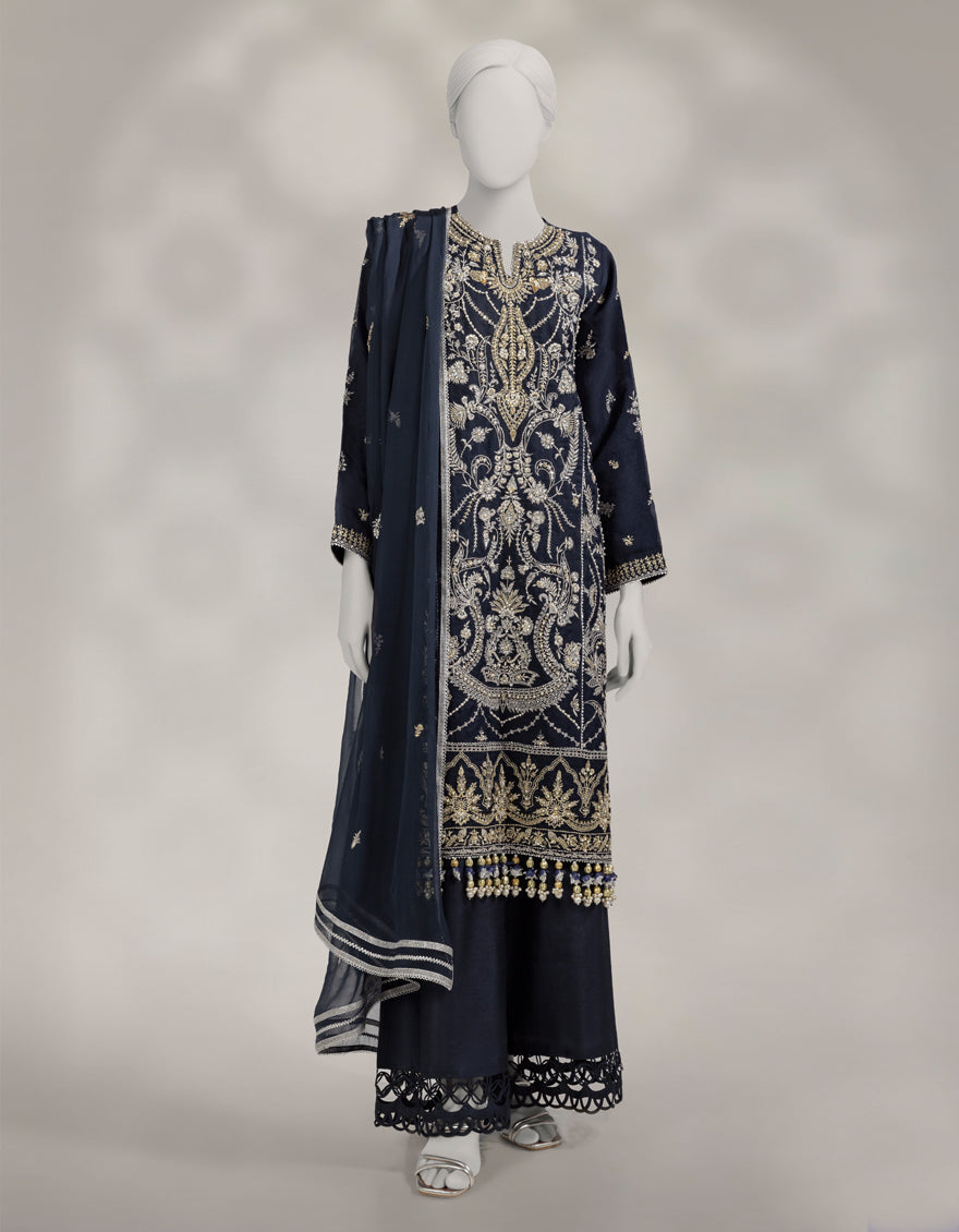 Organza Blue Unstitched Suit - J. Junaid Jamshed