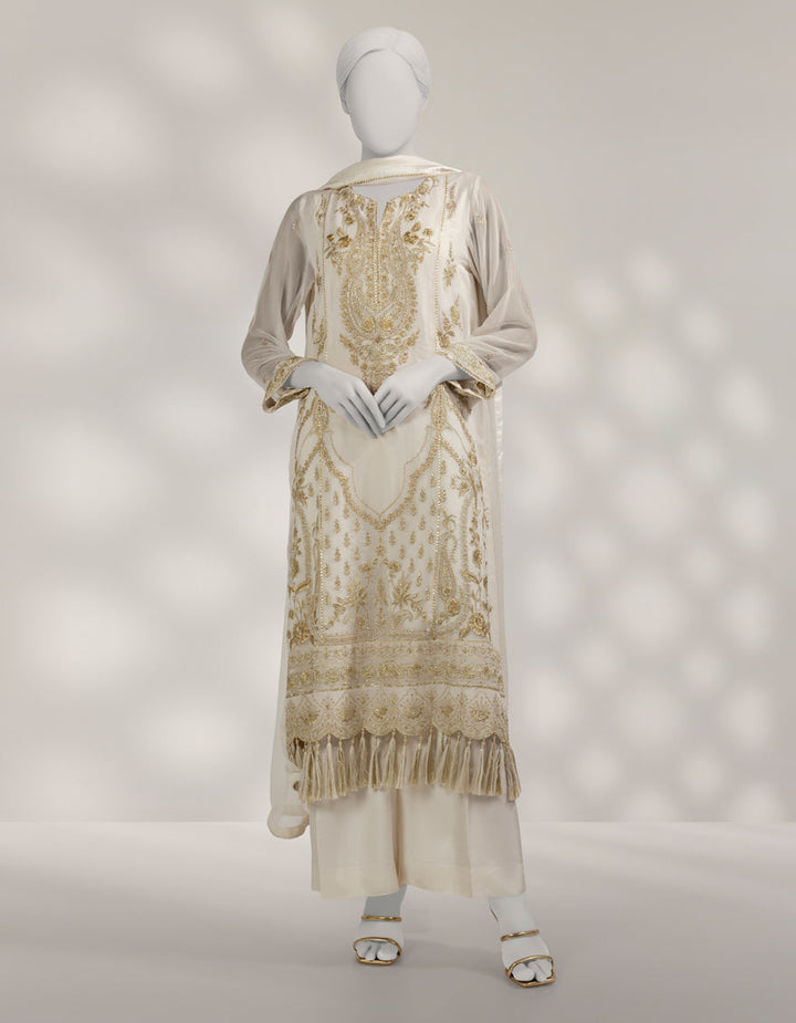 Chiffon Off White Unstitched Suit - J. Junaid Jamshed