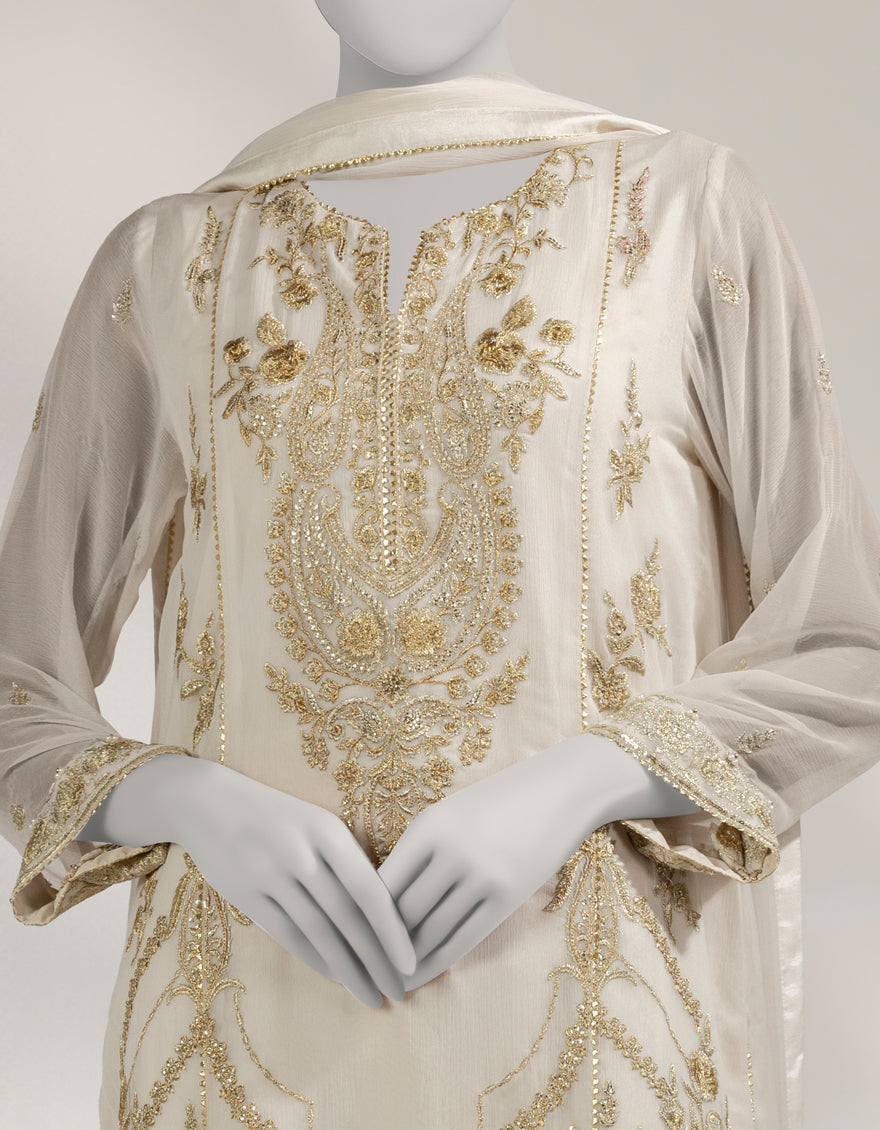 Chiffon Off White Unstitched Suit - J. Junaid Jamshed