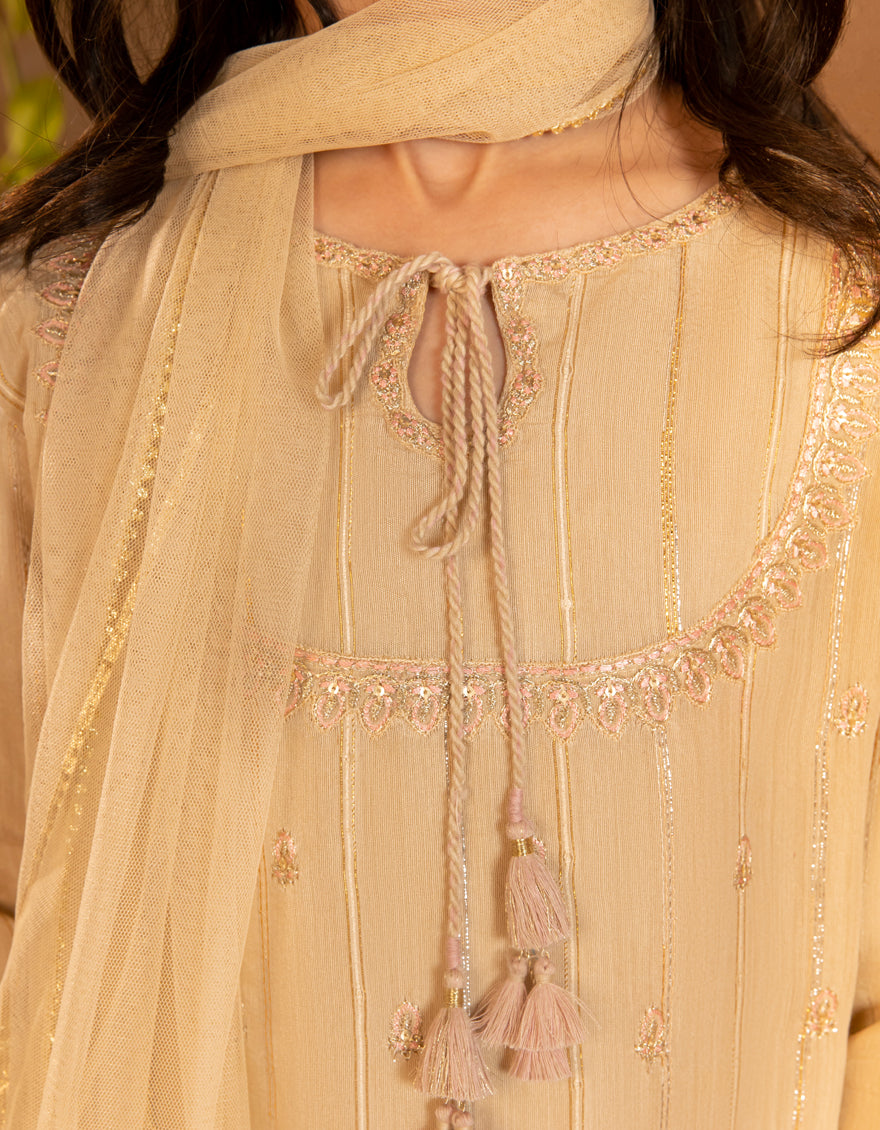 Zari Beige Stitched Suit - J. Junaid Jamshed