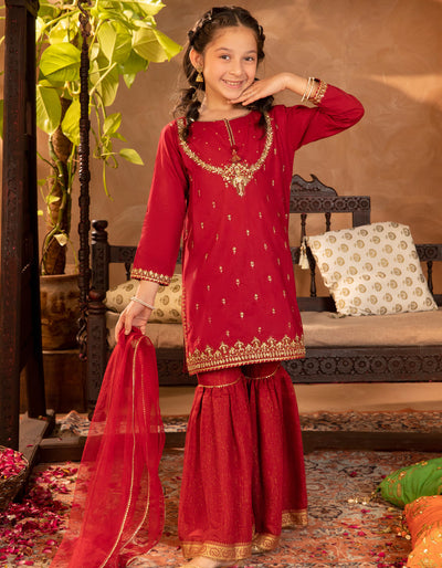 Cora Red Stitched Suit - J. Junaid Jamshed