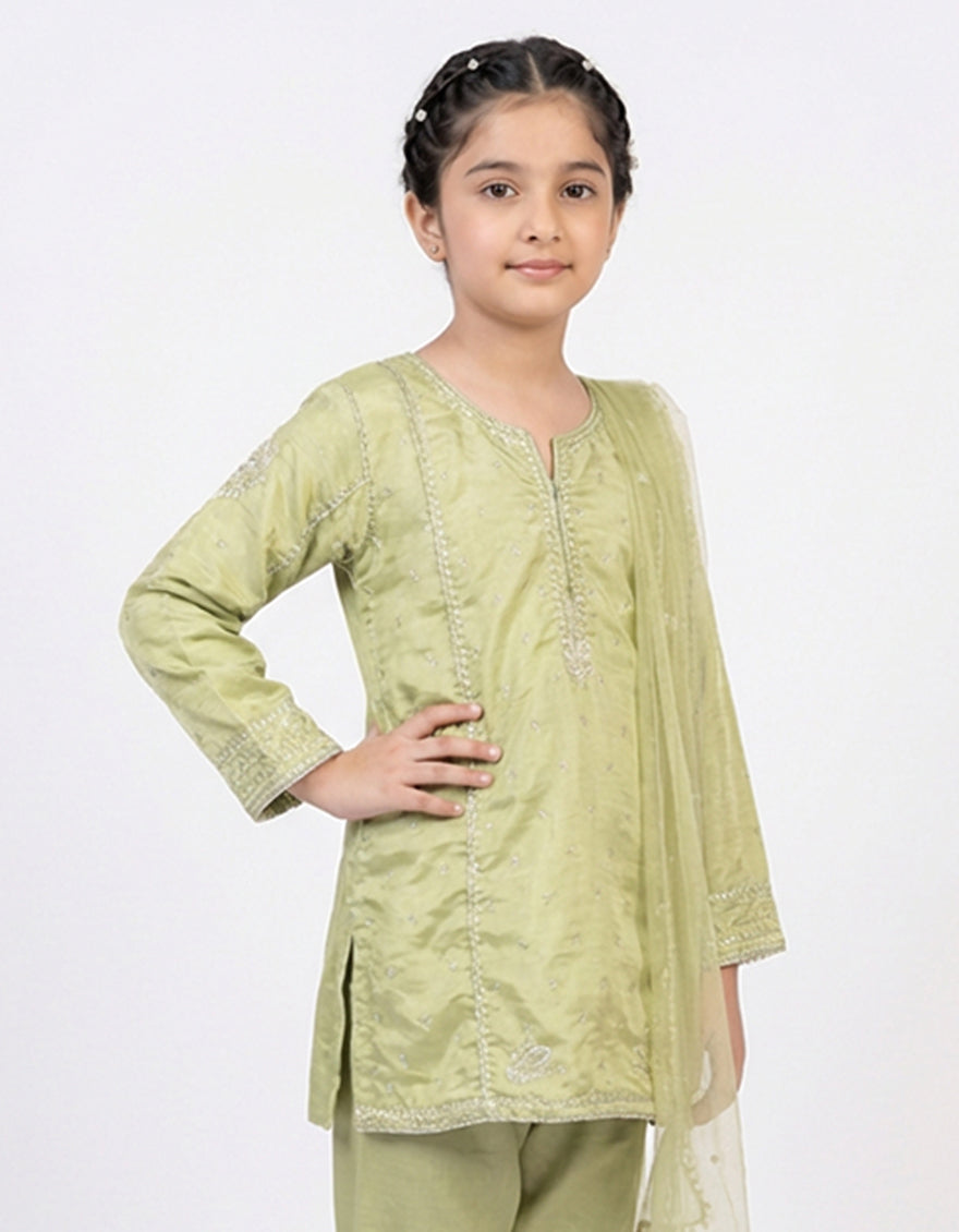 Raw Silk Green Stitched Suit - J. Junaid Jamshed