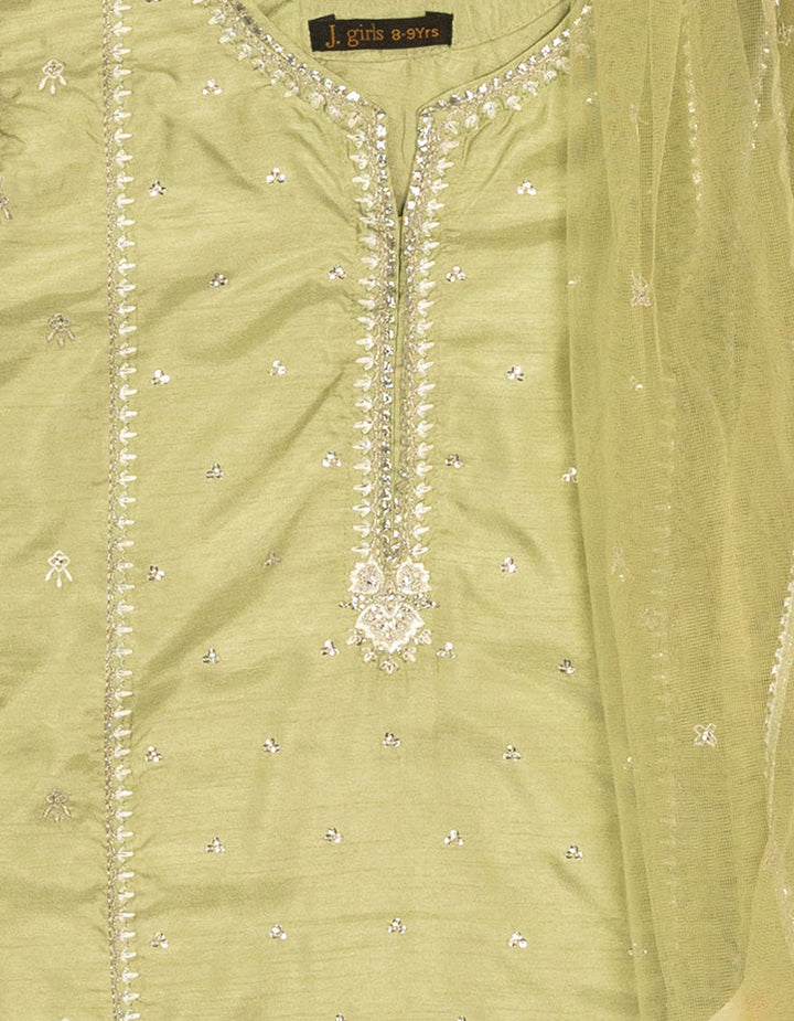 Raw Silk Green Stitched Suit - J. Junaid Jamshed