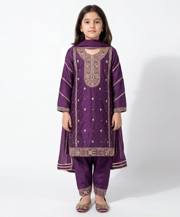 Raw Silk Purple Stitched Suit - J. Junaid Jamshed