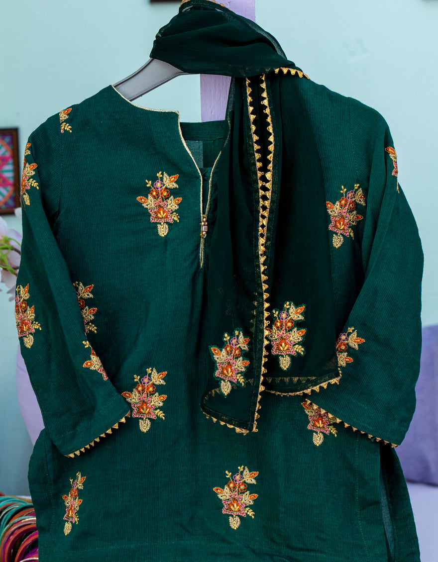 Raw Silk Green Stitched Suit - J. Junaid Jamshed