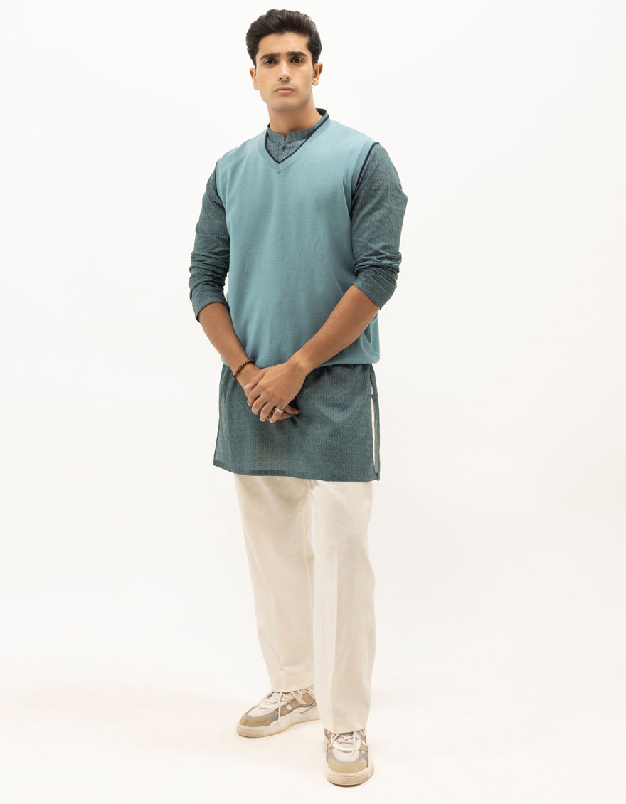 LEO - SEA GREEN SLEEVLESS V-NECK SWEATER - J. Junaid Jamshed