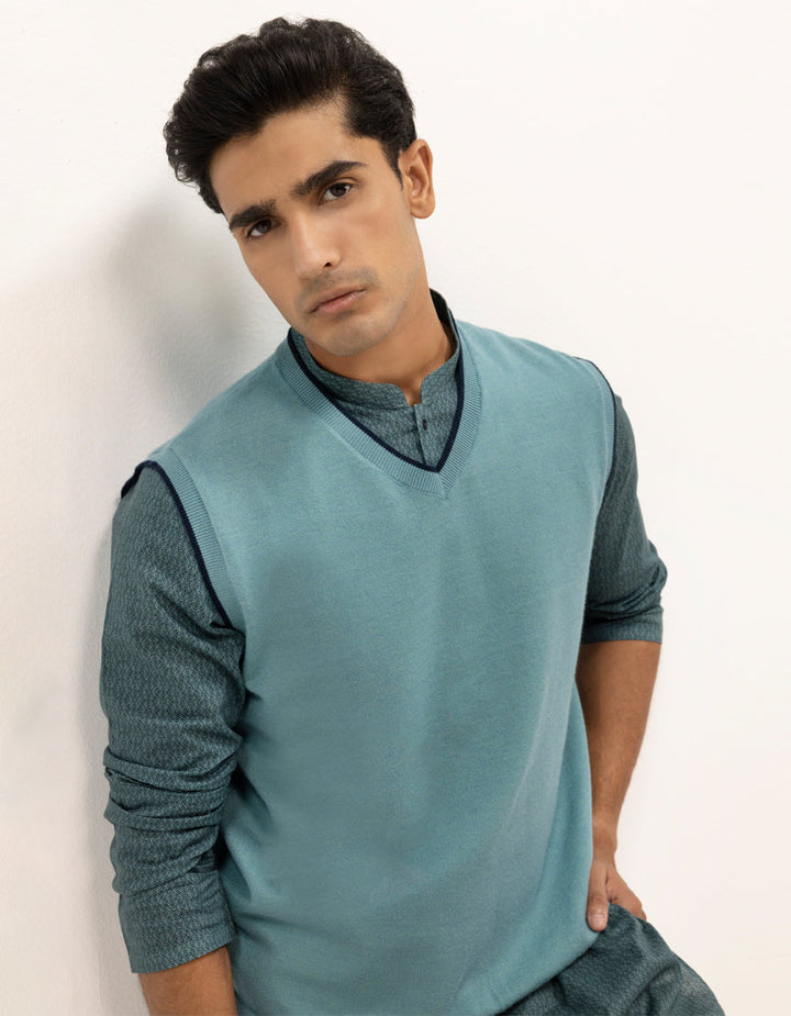 LEO - SEA GREEN SLEEVLESS V-NECK SWEATER - J. Junaid Jamshed