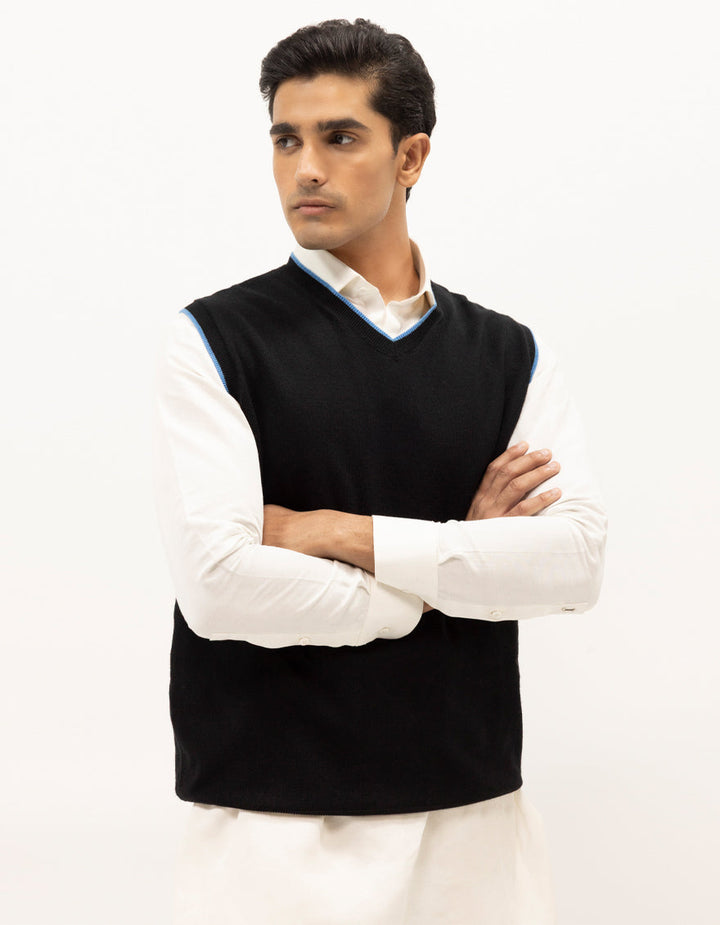 LEO - BLACK SLEEVLESS V-NECK SWEATER - J. Junaid Jamshed