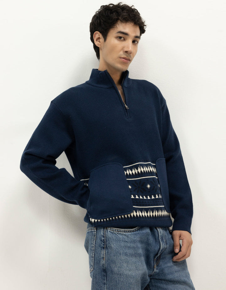 NEPTUNE B - NAVY HALF ZIP MOCKNECK SWEATER - J. Junaid Jamshed
