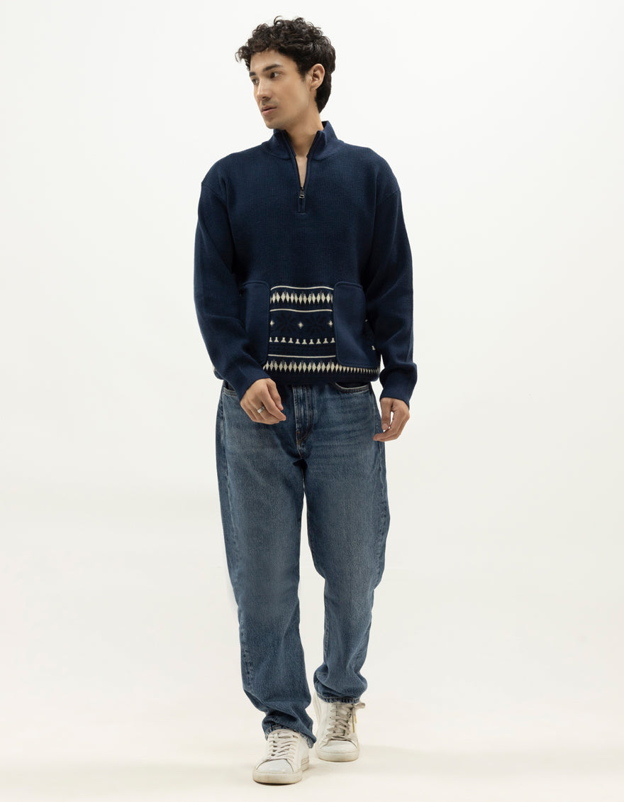 NEPTUNE B - NAVY HALF ZIP MOCKNECK SWEATER - J. Junaid Jamshed