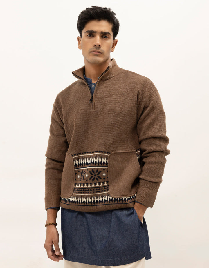 NEPTUNE B - BROWN HALF ZIP MOCKNECK SWEATER - J. Junaid Jamshed