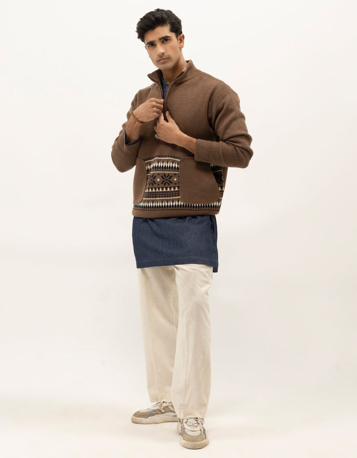 NEPTUNE B - BROWN HALF ZIP MOCKNECK SWEATER - J. Junaid Jamshed