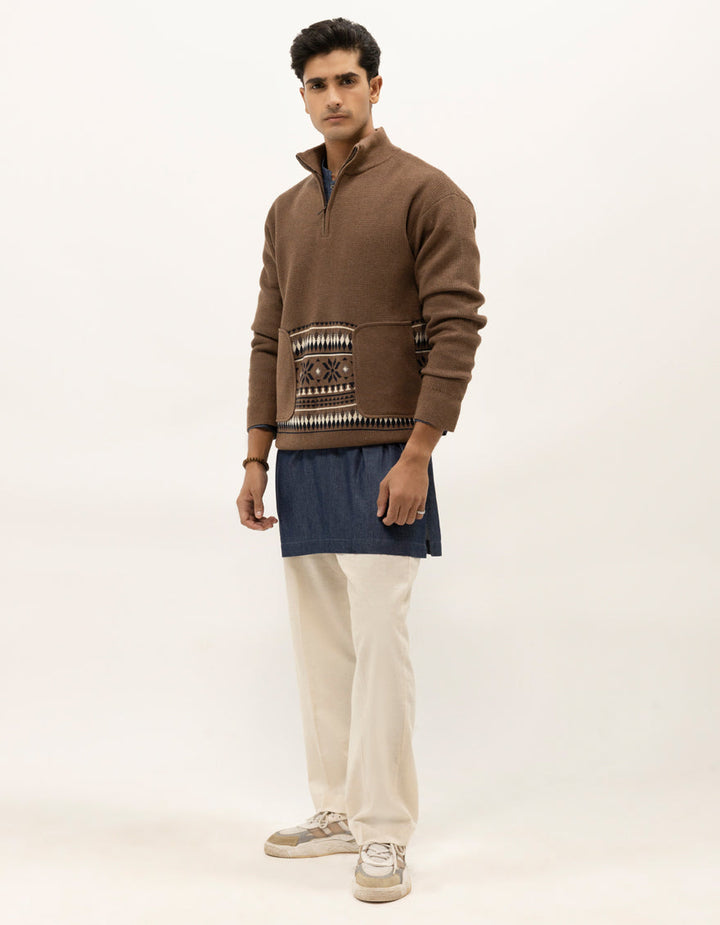 NEPTUNE B - BROWN HALF ZIP MOCKNECK SWEATER - J. Junaid Jamshed