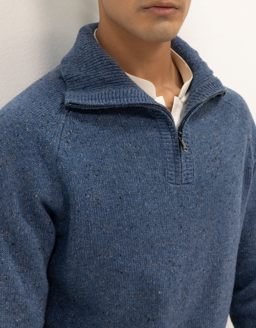 NEPTUNE C - INDIGO HALF ZIP MOCKNECK SWEATER - J. Junaid Jamshed