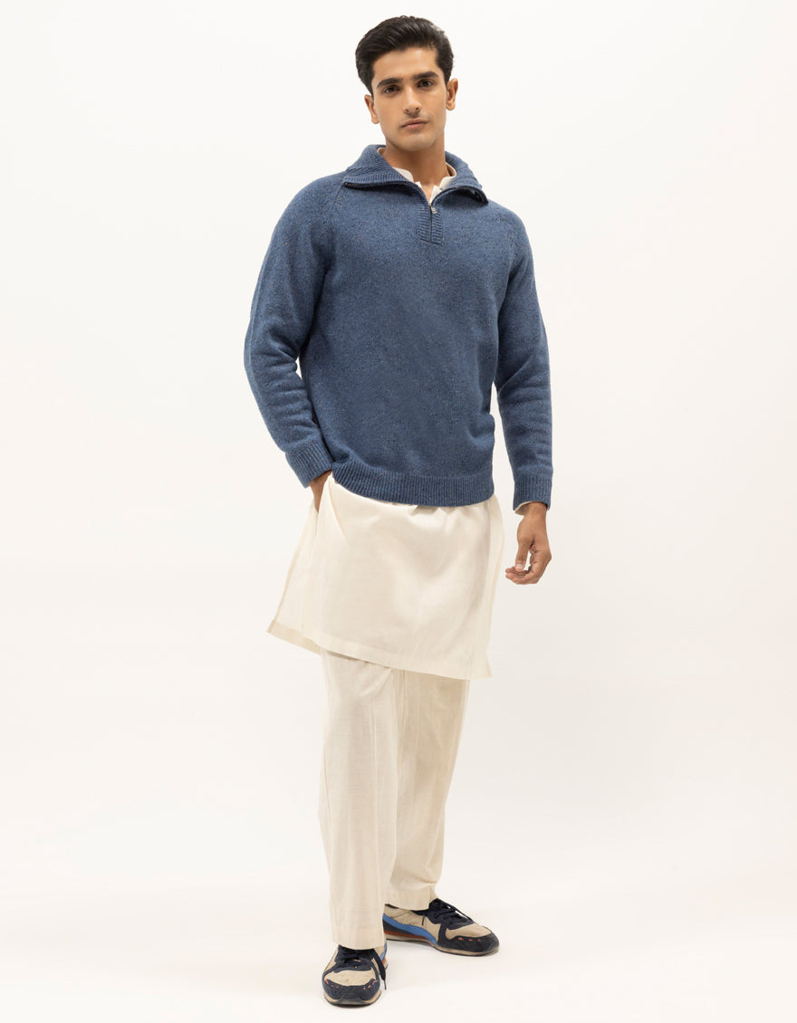 NEPTUNE C - INDIGO HALF ZIP MOCKNECK SWEATER - J. Junaid Jamshed