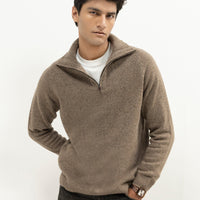 NEPTUNE C - HEATHER BROWN FULL SLEEVE HALF ZIP LARGE MOCKNECK SWEATER - J. Junaid Jamshed