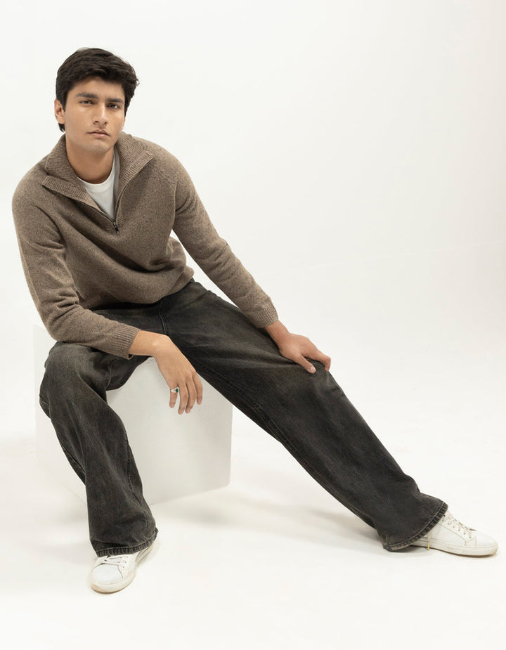 NEPTUNE C - HEATHER BROWN FULL SLEEVE HALF ZIP LARGE MOCKNECK SWEATER - J. Junaid Jamshed