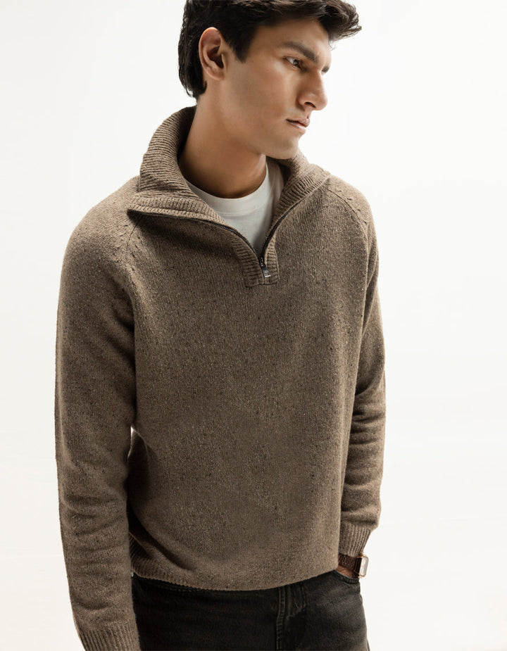 NEPTUNE C - HEATHER BROWN FULL SLEEVE HALF ZIP LARGE MOCKNECK SWEATER - J. Junaid Jamshed