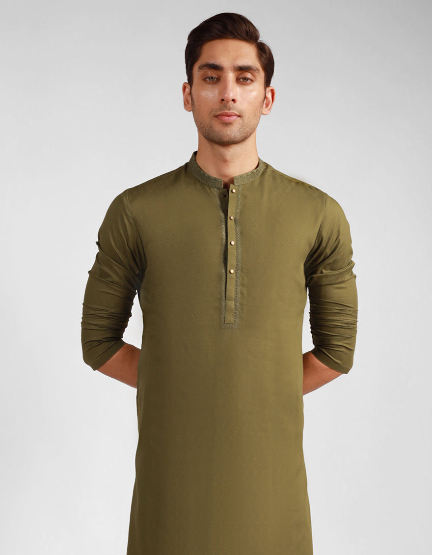 Blended Mehndi Green Kurta - J. Junaid Jamshed
