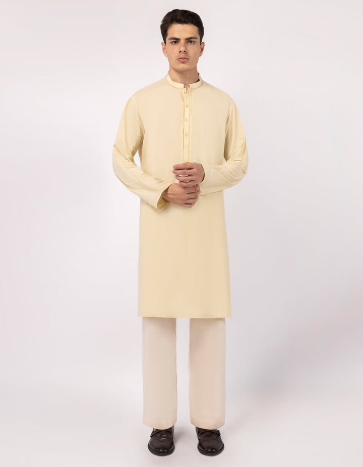 Blended Pale Yellow Kurta - J. Junaid Jamshed