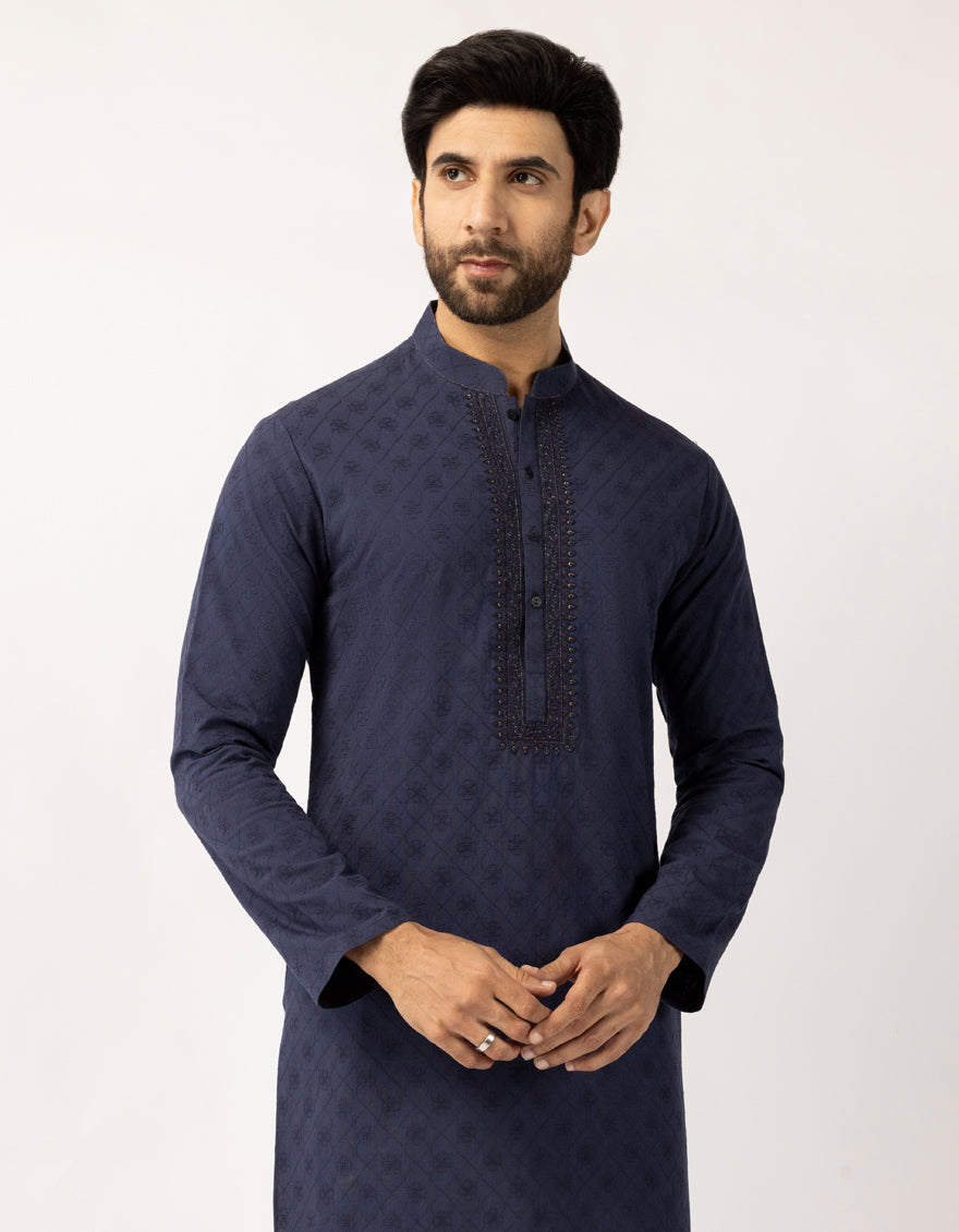 Cotton Dark Blue Kurta - J. Junaid Jamshed