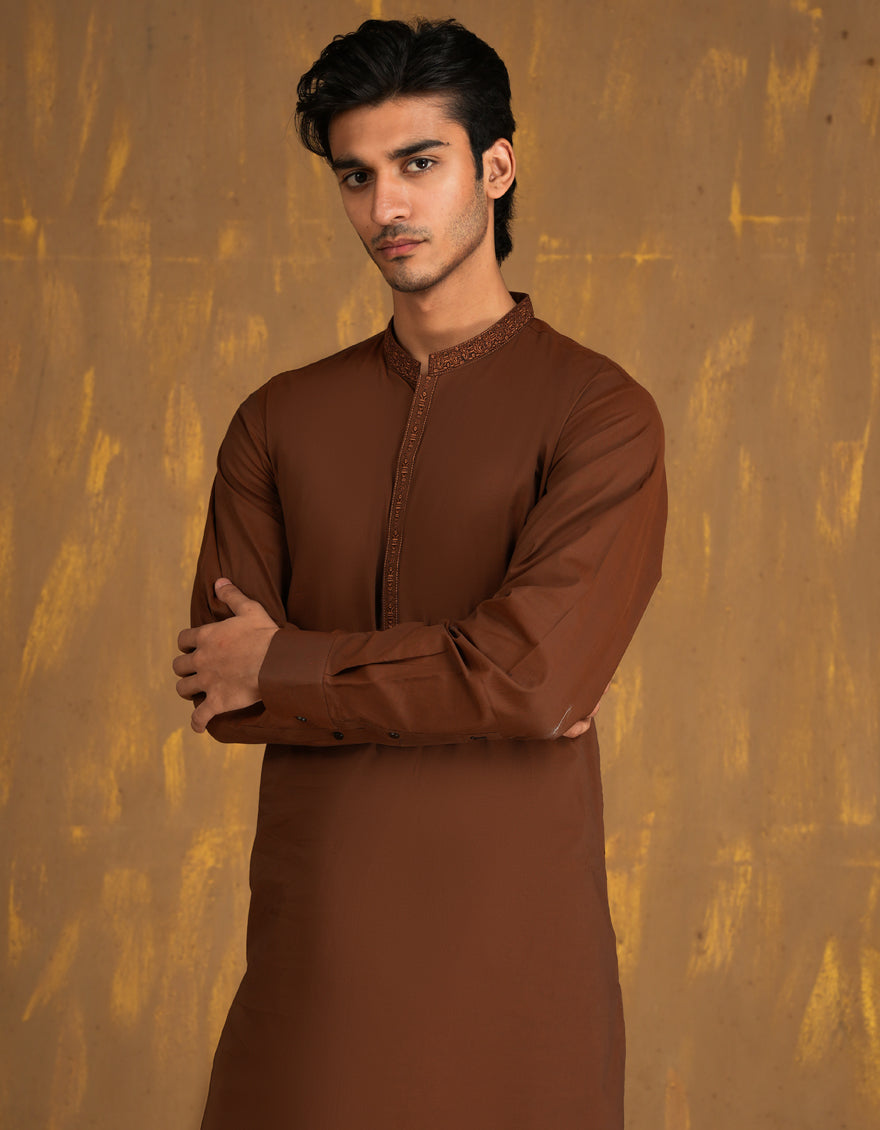 Cotton Brown Kurta Trouser - J. Junaid Jamshed