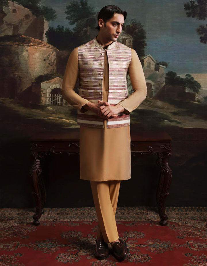 Blended Gold Kurta Trouser with Waist Coat - J. Junaid Jamshed