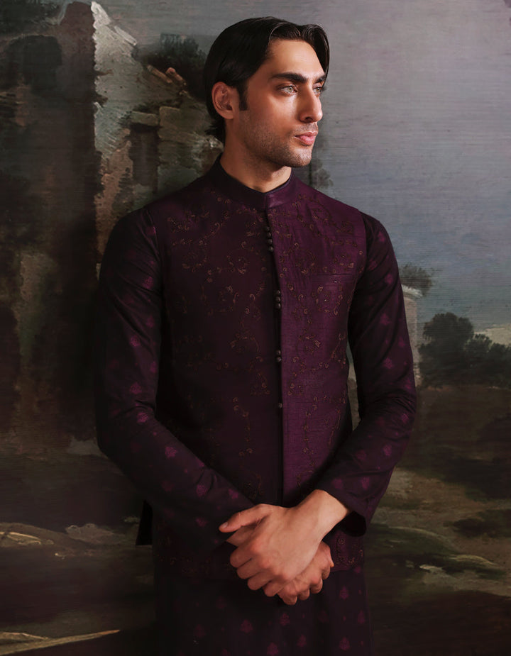 Polyester Cotton Purple Kurta Trouser with Waist Coat - J. Junaid Jamshed