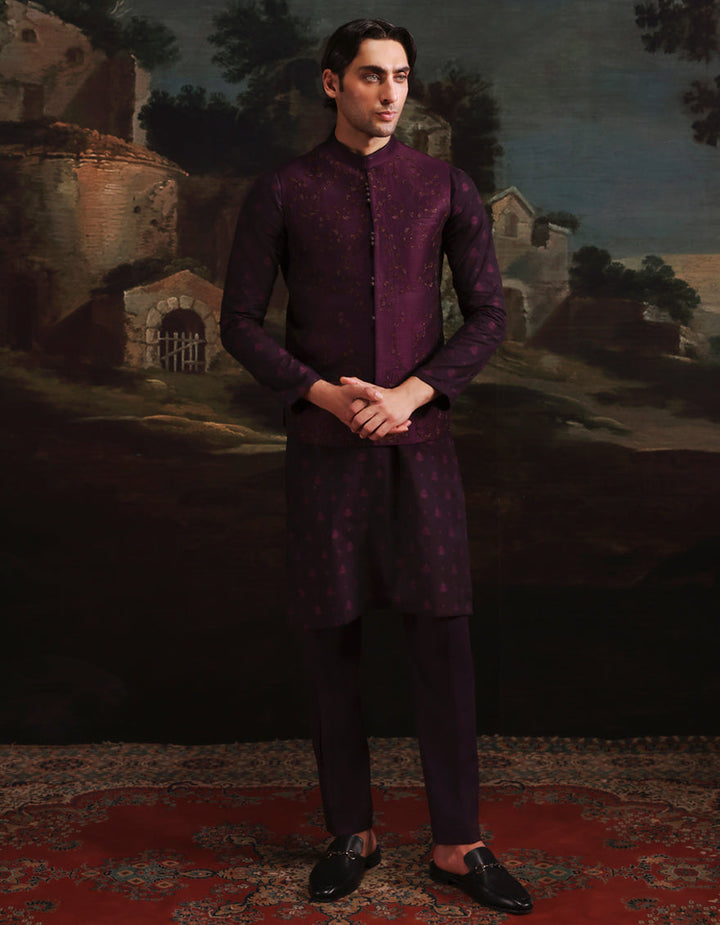 Polyester Cotton Purple Kurta Trouser with Waist Coat - J. Junaid Jamshed