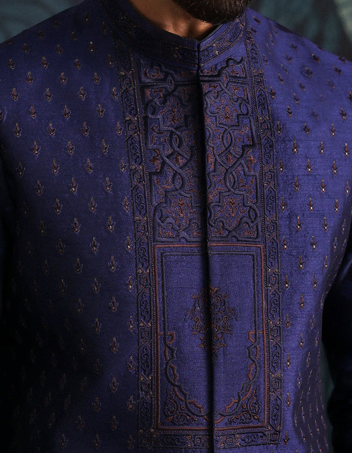Polyester Cotton Blue Kurta Trouser with Waist Coat - J. Junaid Jamshed