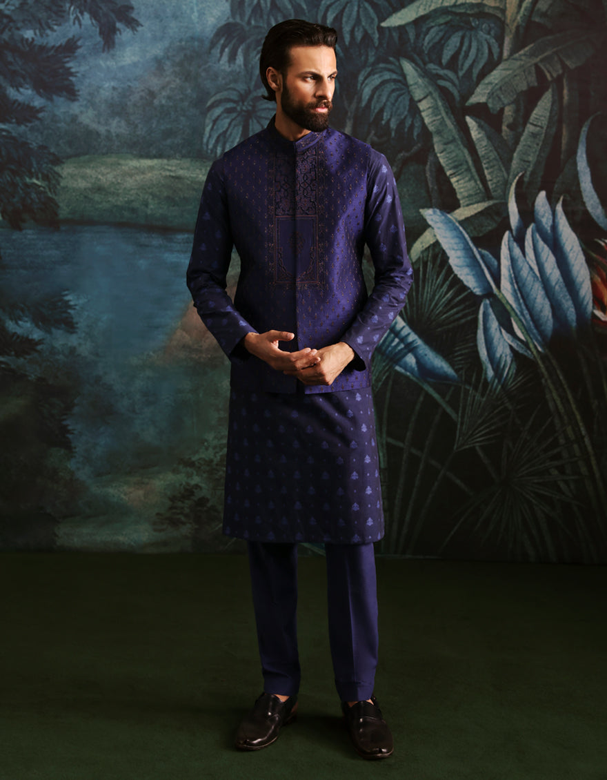 Polyester Cotton Blue Kurta Trouser with Waist Coat - J. Junaid Jamshed