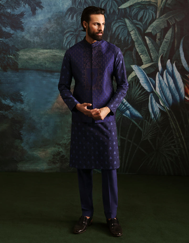 Polyester Cotton Blue Kurta Trouser with Waist Coat - J. Junaid Jamshed