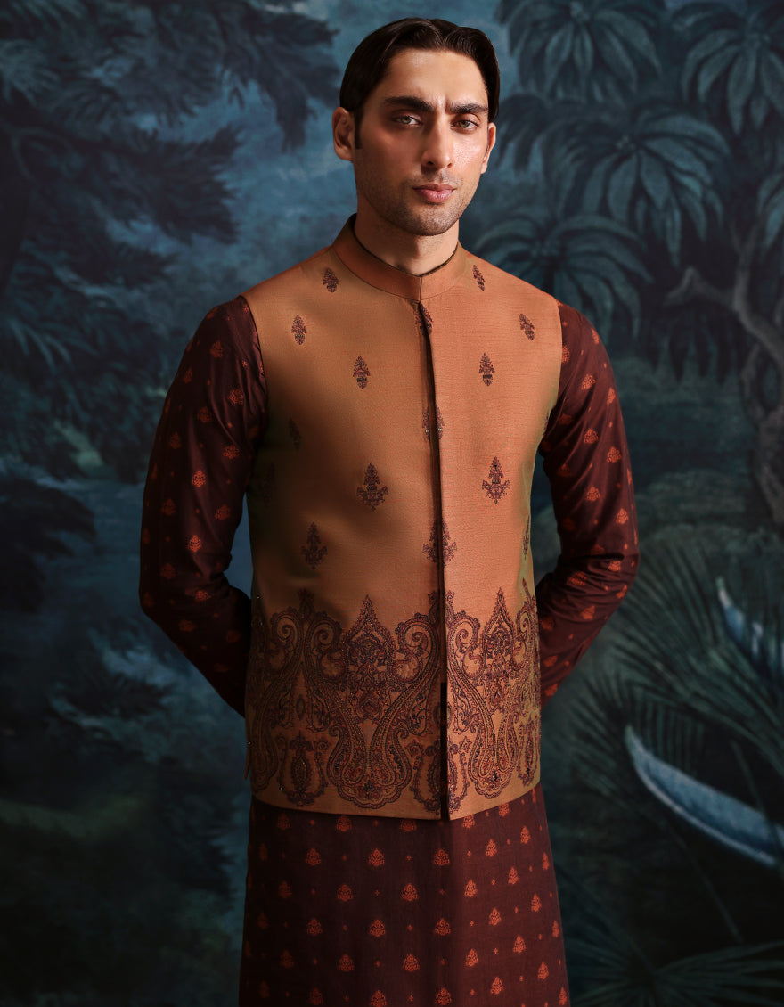 Polyester Cotton Rust Kurta Trouser with Waist Coat - J. Junaid Jamshed