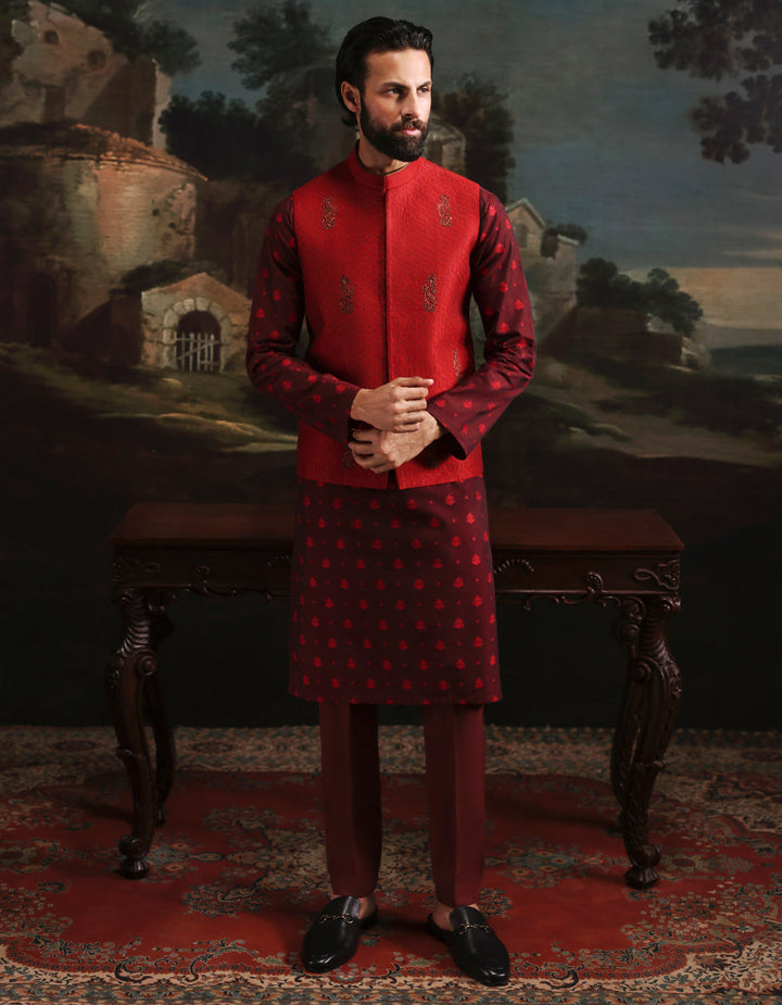 Polyester Cotton Red Kurta Trouser with Waist Coat - J. Junaid Jamshed