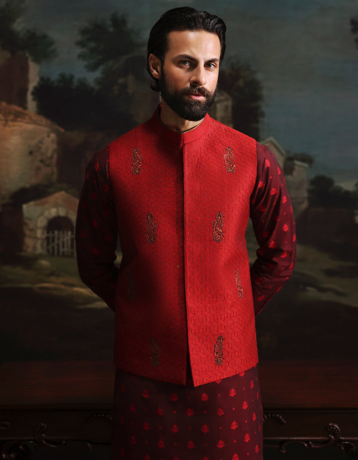 Polyester Cotton Red Kurta Trouser with Waist Coat - J. Junaid Jamshed