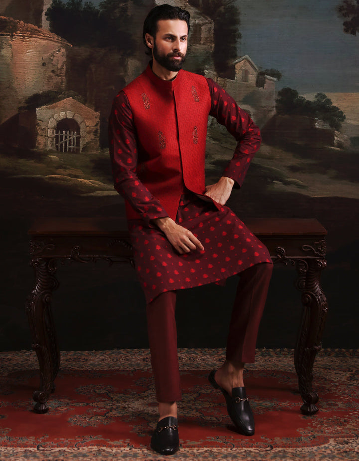 Polyester Cotton Red Kurta Trouser with Waist Coat - J. Junaid Jamshed