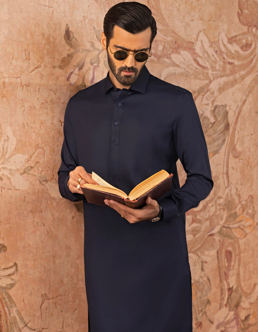 Blended Navy Blue Kameez Shalwar - J. Junaid Jamshed