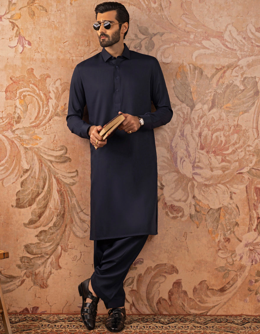 Blended Navy Blue Kameez Shalwar - J. Junaid Jamshed